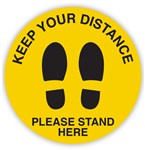Sign Keep Your Distance 15m Please Stand Here in  Circular Shoe Prints