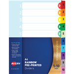 Avery Dividers Rainbow 1 to 10 Tab A4 Bright Assorted
