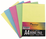 Writer A4 Premium Bond Pad 50 Sheet Ruled 2 Sides Assorted Colours Pack 5